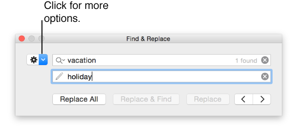 Find & Replace window with callout to the button to show more options