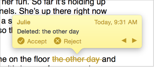 Deleted text with an open comment and Accept, Reject, and navigation arrows. The tracked change shows author name and date