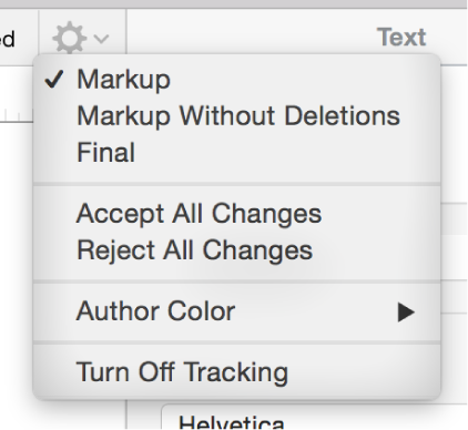 The review options menu showing Markup, Markup Without Deletions, Final, Accept All Changes, Reject All Changes, Author Color submenu, and Turn off Tracking