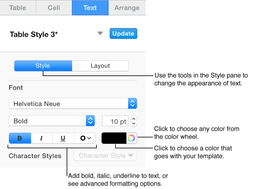 Controls for changing font, type size, color, and type style