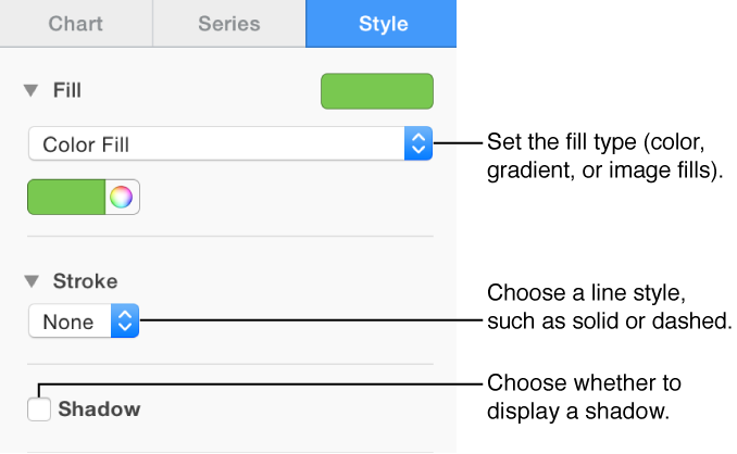 Controls for changing the Fill, Stroke, and Shadow for a data series