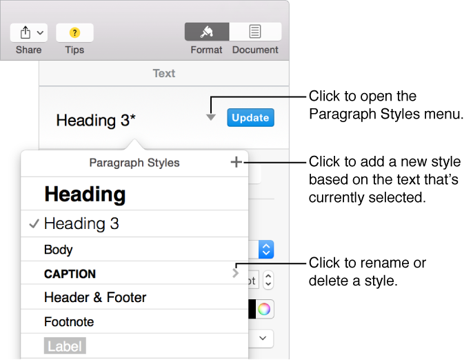 Paragraph Styles pop-up menu, showing controls to add or change a style