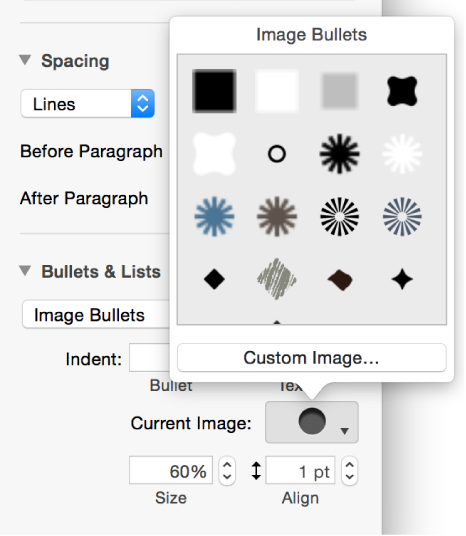Image Bullets pop-up menu