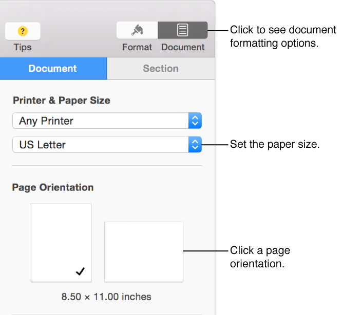 Controls for changing paper orientation