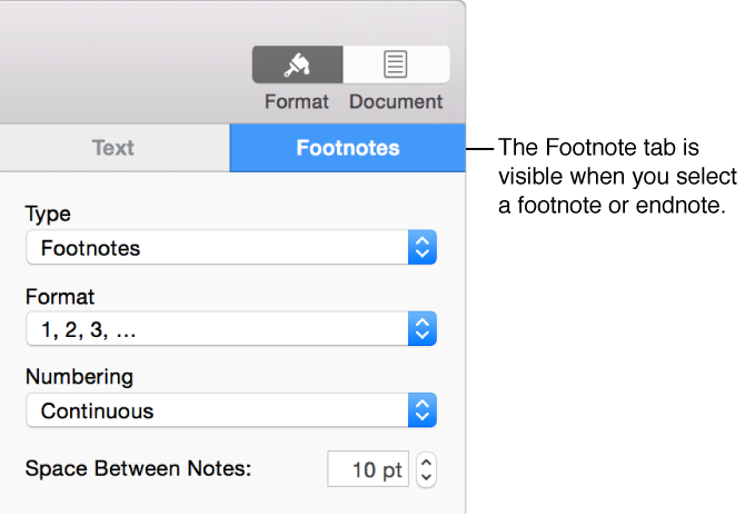 Footnotes pane showing pop-up menus for Type, Format, Numbering, and space between notes