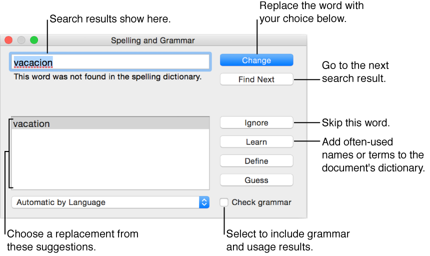 Spelling and Grammar window