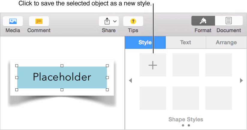 Text Box Styles list with the a text box selected and the add button visible