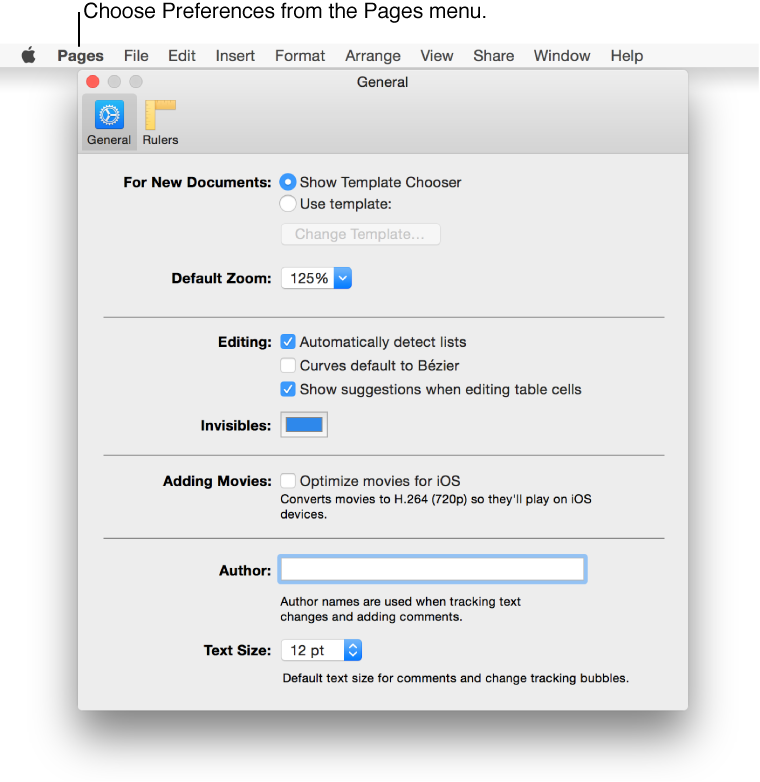 Pages preferences window open to the General pane