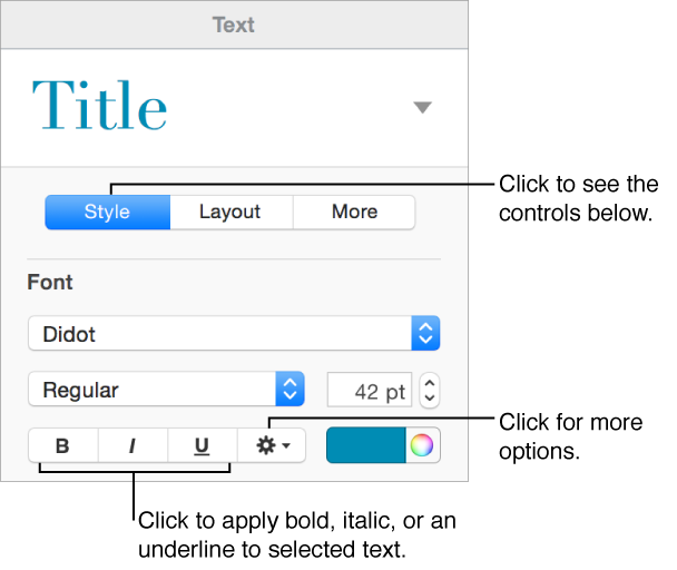 The Style controls in the sidebar with callouts to the Bold, Italic, and Underline buttons