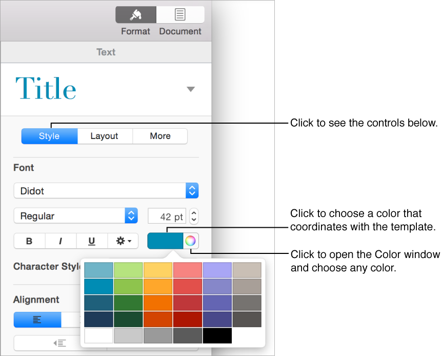 The Style section of the Format sidebar with the color well showing coordinating colors