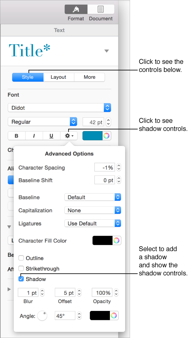 The ADvanced Options menu open and showing the Shadows checkbox selected and controls for setting blur, offset, opacity, angle, and color