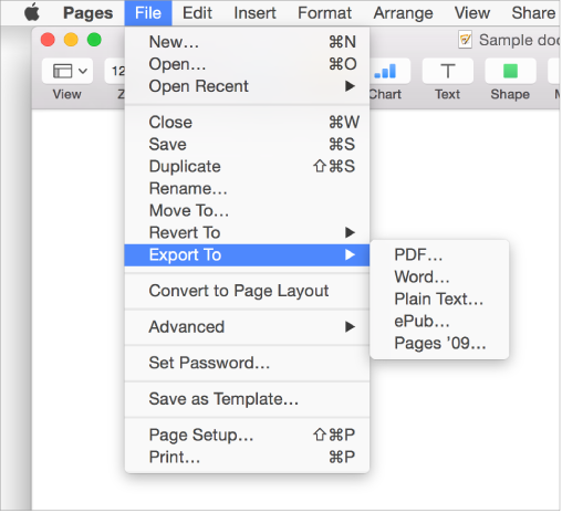 The File menu open to Export To, with submenu showing controls for PDF, Word, Plain Text, ePub, and Pages '09