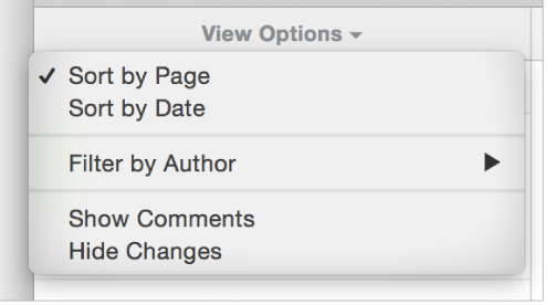 The View Options menu showing Sort by Page, Sort by Date, Filter by Author, Hide Comments, and Hide Changes