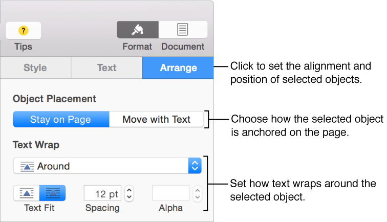 The Arrange pane of the Format inspector with controls for object placement and text wrap