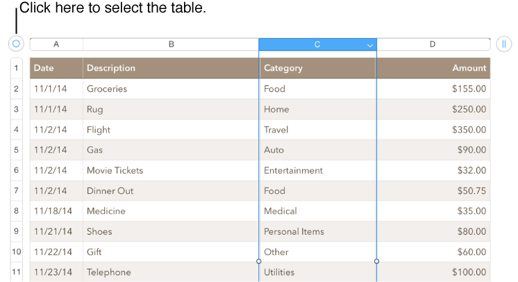 Table handle in the top-left corner of the table