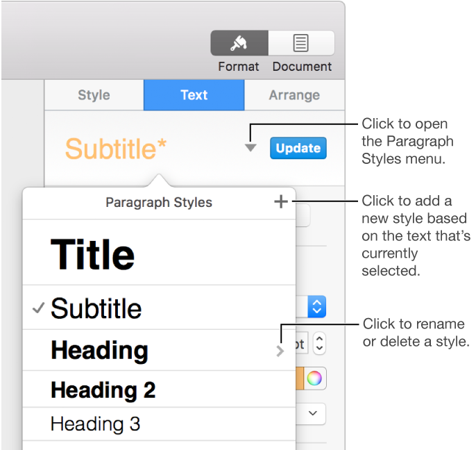 The Paragraph Styles pop-up menu, showing controls to add or change a style