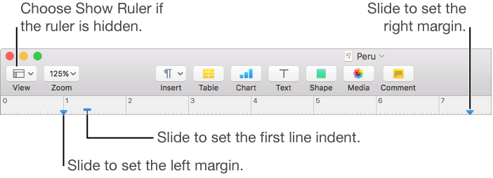 The ruler with the left margin control and first line indent control