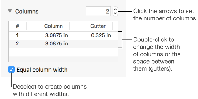 Layout pane of the Format inspector, showing columns controls