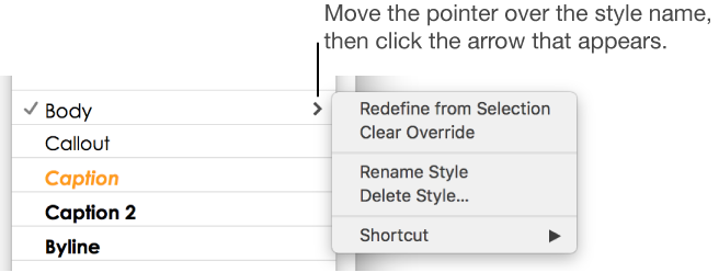 The paragraph styles pop-up menu with the shortcut menu open