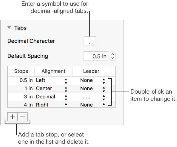 Controls for setting tab stops