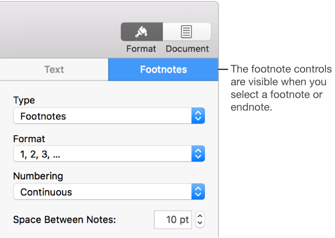 The Footnotes pane showing pop-up menus for Type, Format, Numbering, and space between notes