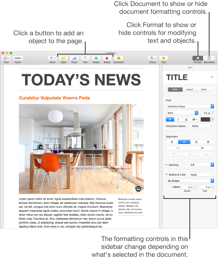 The Pages window with buttons in the toolbar for adding objects and opening sidebars