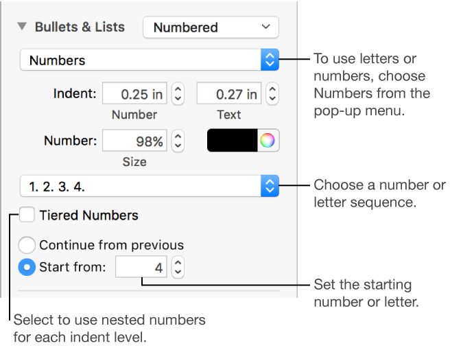 Controls for changing the number style and spacing of a list