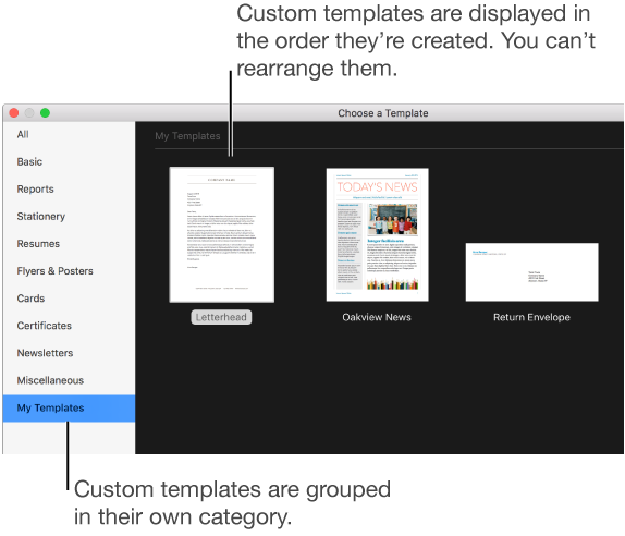 The template chooser with My Templates as a category on the left