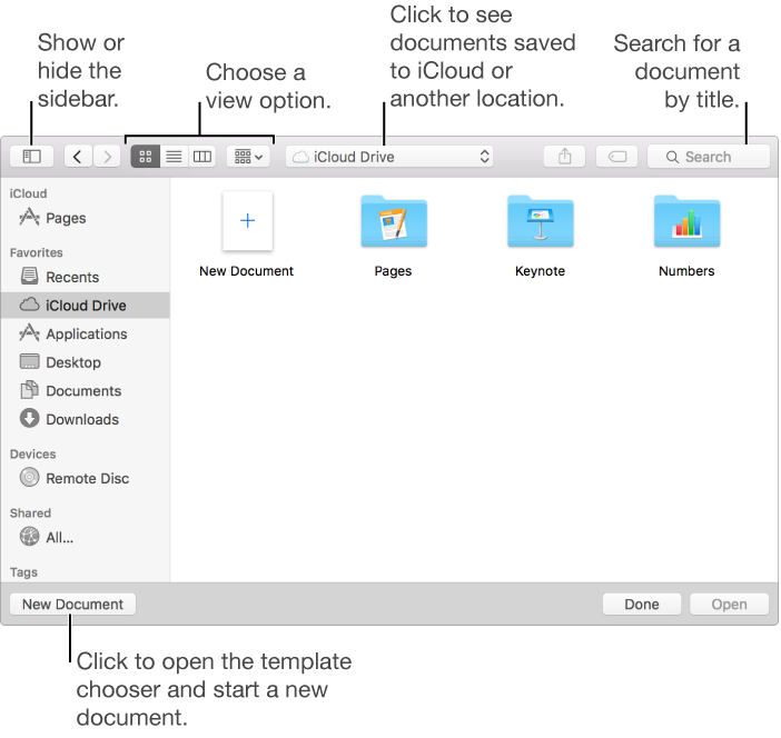 The Open window with iCloud Drive selected in the sidebar, the New Document button at the bottom of the sidebar, and a Pages folder on the right
