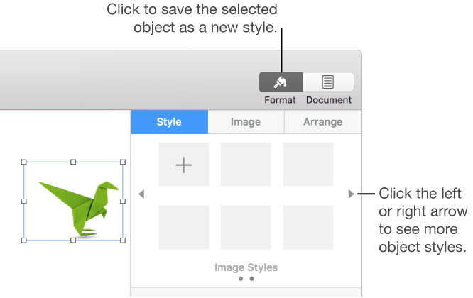 The menu of object styles with the Add button, and an object selected.