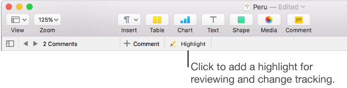 The menu bar showing the Insert menu and below it, the Pages toolbar with review tools showing and a callout to the Highlight button
