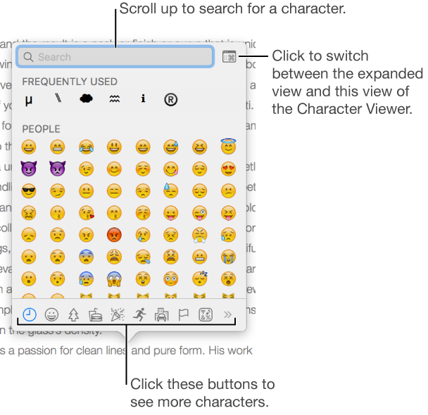 The Special Characters pop-up showing emoticons, buttons for different types of symbols at the bottom, and a callout to a button to show the full Characters window