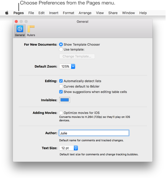 The Pages preferences window open to the General pane