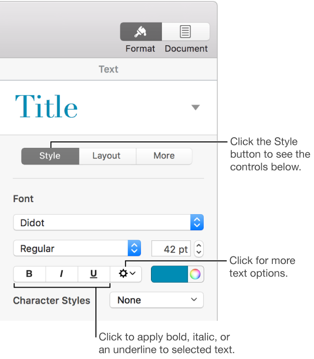 The Style controls in the Format sidebar with callouts to the Bold, Italic, and Underline buttons