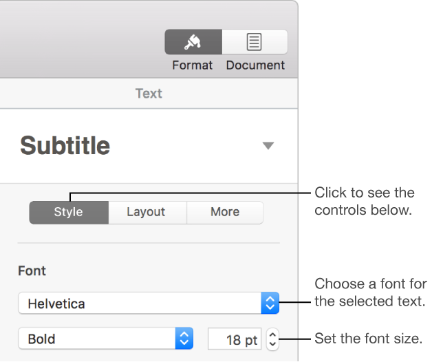 Text controls in the Style section of the Format sidebar for setting font and font size