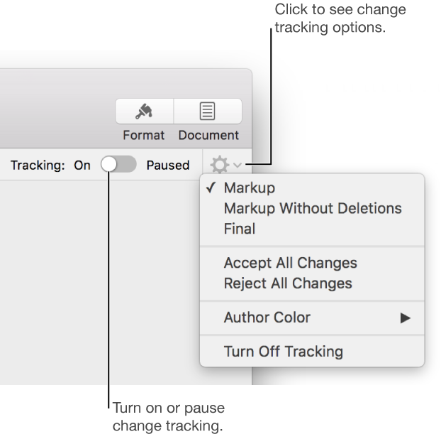 The tracking options menu showing Turn off Tracking at the bottom, and callouts to the Tracking On and Paused button