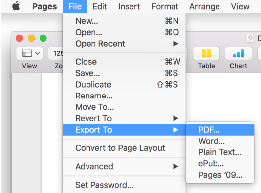 The File menu open to Export To, with its submenu showing export options for PDF, Word, Plain Text, ePub, and Pages '09