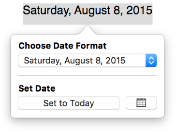 The Date & Time popover showing a pop-up menu for date format and a Set to Today button