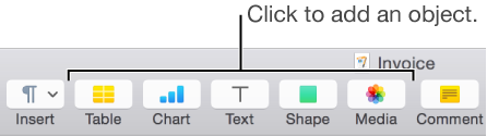 The toolbar with buttons for adding tables, charts, text, shapes, and media