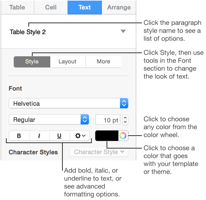 The Style section of the Text tab with callouts to the paragraph style and controls for changing the character style and color for text