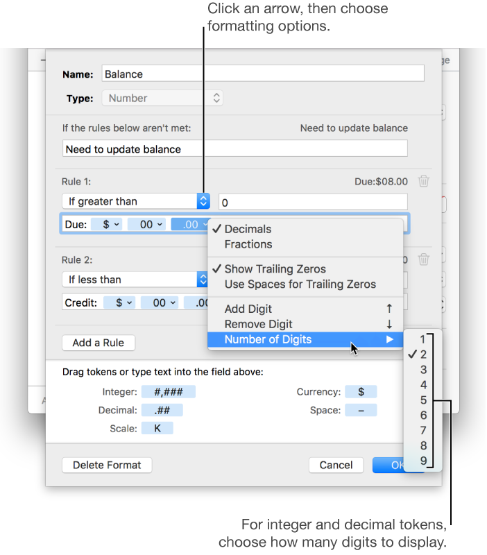 The custom cell format window with controls for choosing custom formatting options