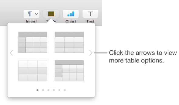 The Table Styles pane with navigation arrows on the left and right