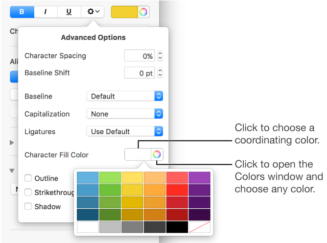 Controls for choosing a character fill