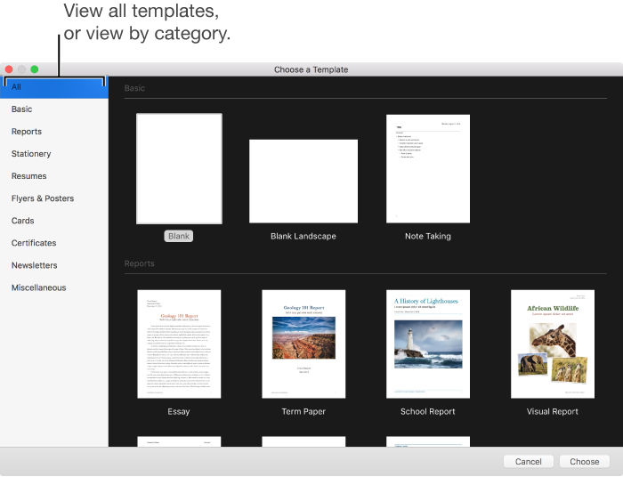 The template chooser with template categories on the left and templates on the right
