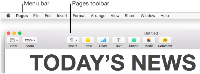The Pages toolbar with buttons for View, Zoom, Insert, Table, Chart, Text, Shape, Media, Comment, Collaborate, Tips, Format, and Document