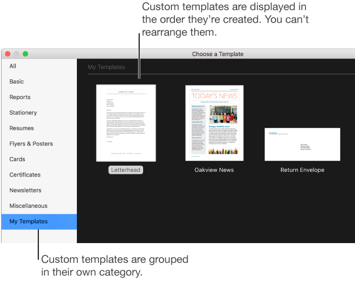 The template chooser with My Templates as a category on the left