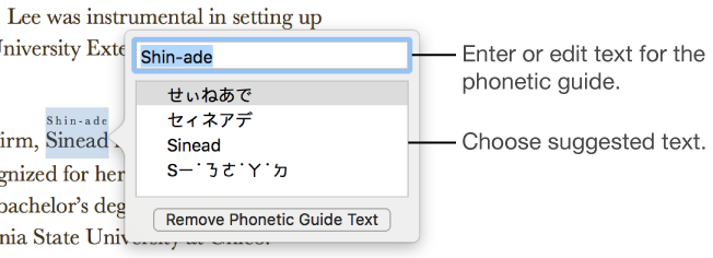 The phonetic guide open for a word, with callouts to the text field and suggested text