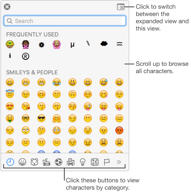 The Special Characters pop-up showing emoticons, buttons for different types of symbols at the bottom, and a callout to a button to show the full Characters window
