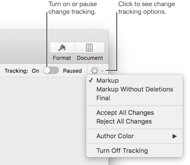 The tracking options menu showing Turn off Tracking at the bottom, and callouts to the Tracking On and Paused button
