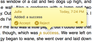 Deleted text with an open comment and Accept, Reject, and navigation arrows. The tracked change shows author name and date